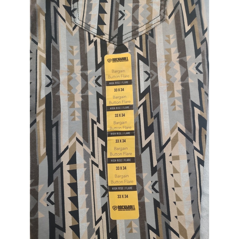 Rock & Roll Denim Bargain Button Flare Jeans 33x34 Geometric Print High Rise - Picture 8 of 11
